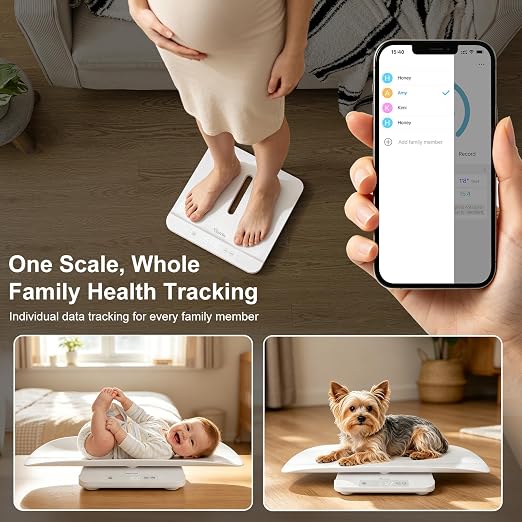 YauYik Baby Scale, Smart Accurate Digital Scale with App for Tracking Growth of Baby, Infant, Puppy,and Cat, Pet Scale Up to 330lbs, with Hold Function, 27-inch Height Measurement, 5 Units, LED Screen