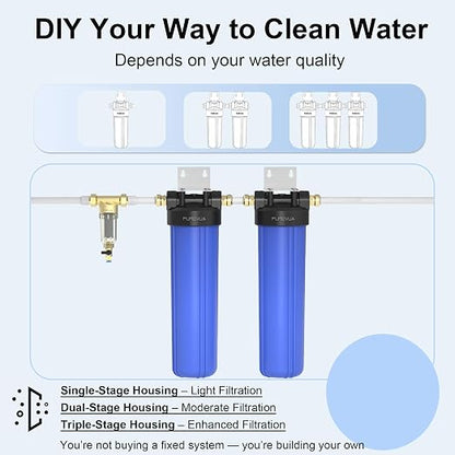 PWB20 Whole House Water Filter Housing, Fits 20” x 4.5” Big Blue Filters, Inline Pre-Filtration System for RV, Home Well and City Water Sediment etc with 1" NPT Port, Pressure Relief Valve