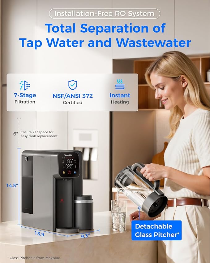 Waterdrop M6H Instant Hot Reverse Osmosis System Countertop Water Filter, 7-Stage, 3:1 Pure to Drain, Hot Water Dispenser with 5 Temperature Options, RO System with Glass Pitcher, BPA-Free