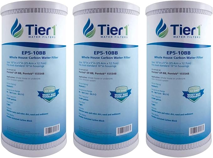Tier1 5 Micron 10 x 4.5 Water Filter | Whole House Carbon Block Water Filter Replacement Cartridge | Replacement for Pentek EP-BB, EP5-BB, 155548-43, CG5-104, EV910805 | 4.5 x 10 Water Filter (3-Pack)