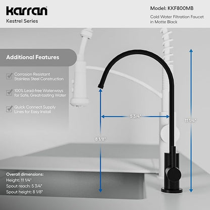 Karran Kestrel Single-Handle Filtered Water Faucet in Matte Black 100% Lead-Free Brass, RO/Filtration System Ready, 360° High-Arc Spout, Spot-Free Finish Beverage Faucet (Matte Black)
