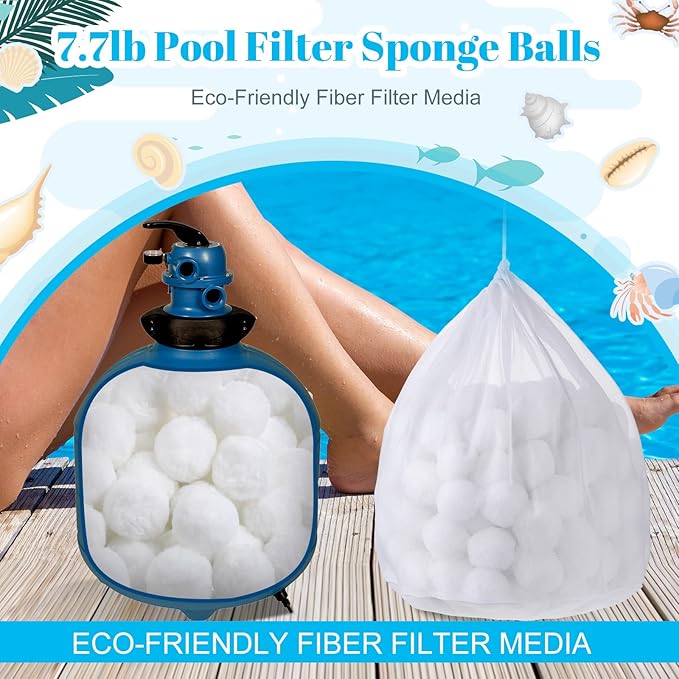 Zubebe Pool Filter Media Balls Fiber Filter Media for Swimming Pool Sand Filters and Bath Center Bathtubs Spas Aquarium and Grime Cleaning Scum (7.7 lbs, White)