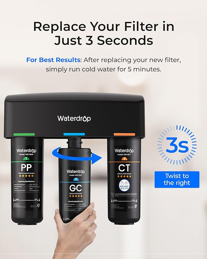 Waterdrop TSA 3-Stage Replacement Water Filter, 1-Year Replacement Pack, 4-Pack (2 x 10PP, 1 x 10GC, 1 x 10CT), Replacement for Waterdrop TSA & TSB 3-Stage Under Sink Water Filtration System