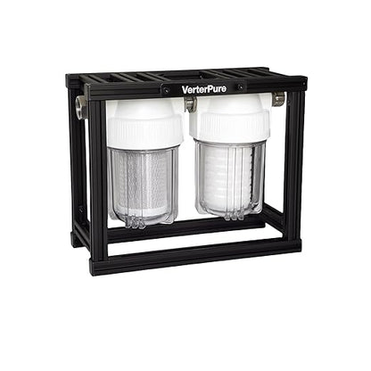 S2 Mini External 2-Stage RV Fresh Water Filter System, Compact, 5 Inch Filters, 3/4" GHT Stainless Steel Fittings, Reduce Sediment, Chlorine, Odor, All Aluminium Free-Standing Chassis, Clear