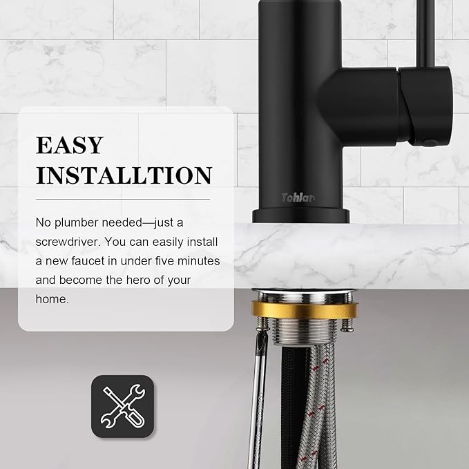 Tohlar Black Kitchen Faucets with Pull-Down Sprayer Single Handle Kitchen Faucet, Modern Stainless Steel Kitchen Sink Faucet with Deck Plate