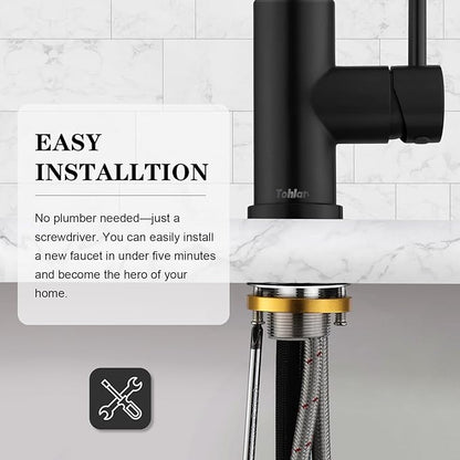 Tohlar Black Kitchen Faucets with Pull-Down Sprayer Single Handle Kitchen Faucet, Modern Stainless Steel Kitchen Sink Faucet with Deck Plate