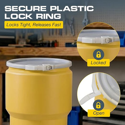 Eagle Plastic Drum, 14 Gallon Drum, DOT Compliant, Made in USA, Yellow | High-Density-Polyethylene Construction, Open Head Lab Pack Drum, Plastic Lever-Lock Lid, Hazardous Material Storage,Transport