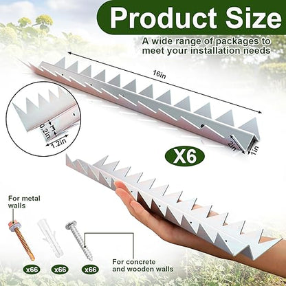 6-Pack 16 in Anti Climb Spikes Heavy Duty Galvanized Steel Fence Wall Spikes Outdoor Cat and Bird Deterrent Prongs Intruder Deterrent Security Supplies for Outdoor Walls Garden Fences Gates