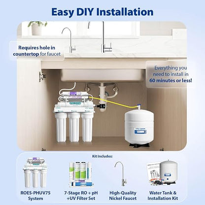 APEC Water WQA Certified 7-Stage Reverse Osmosis Drinking Water Filter System with Alkaline Mineral pH+ Remineralization and UV Water Filter, Ultra Safe Removes 1K+ Impurities, Brushed Nickel, 75 GPD