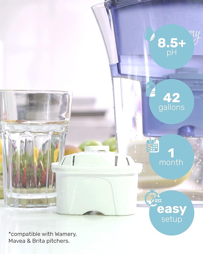 Wamery Alkaline Pitcher Water Filter Replacement - Model 1001122, 3 Pack, Multi‑Stage Gravity Cartridges, Improves pH & Taste, Activated Carbon + Mineral Layer, 42‑Gallon Each, Leak‑Free Fit, BPA‑Free