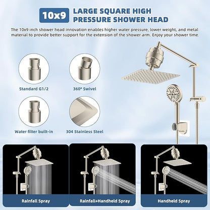 All Metal Rain Filtered Shower Head, 10” High Pressure Rainfall Shower Head with Handheld Spray, 10 Modes Handheld Powerful Wash, 16" Adjustable Extension Arm, 20 Stage Shower Filters, Brushed Nickel