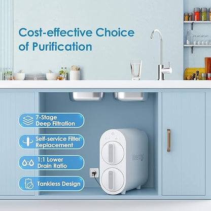 Waterdrop G2 Reverse Osmosis System, 7 Stage Tankless RO Water Filter System, Under Sink Water Filtration System, 400 GPD, 1:1 Pure to Drain, Reduces TDS, FCC Listed, USA Tech