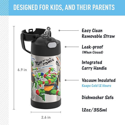 THERMOS FUNTAINER Water Bottle with Straw - 12 Ounce - Kids Stainless Steel Vacuum Insulated Water Bottle with Lid, Teenage Mutant Ninja Turtles