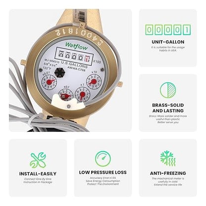 Watflow DN20 Water Meter 3/4" NPT,AWWA C708 Certification Gallon Water Flow Meter with Pulse Output, Cold Water Meter for Garden/Home/Apartment, Horizontal Install.