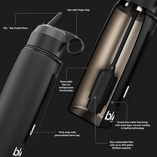 BLU All-in-ONE | Water Filter Flask | Vacuum Insulated Stainless Steel Bottle | Portable Water Filter Purifier (26oz) | Made in USA | Removes 99.99% Contaminants (pH Filter)
