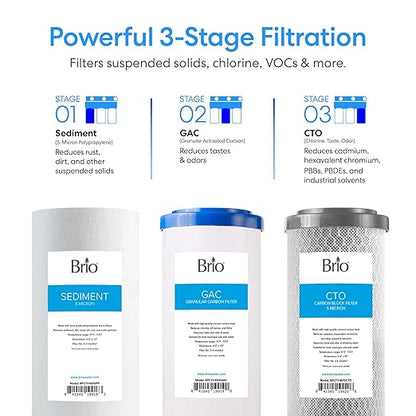 Brio Whole House Water Filter System w/Gauges | 3 Stage Fast-Flow Filtration (5 Micron Sediment, Carbon GAC, CTO Carbon Block) 4.5" x 10" Filters | Improves Taste, Protects Home Appliances | 720 GPH