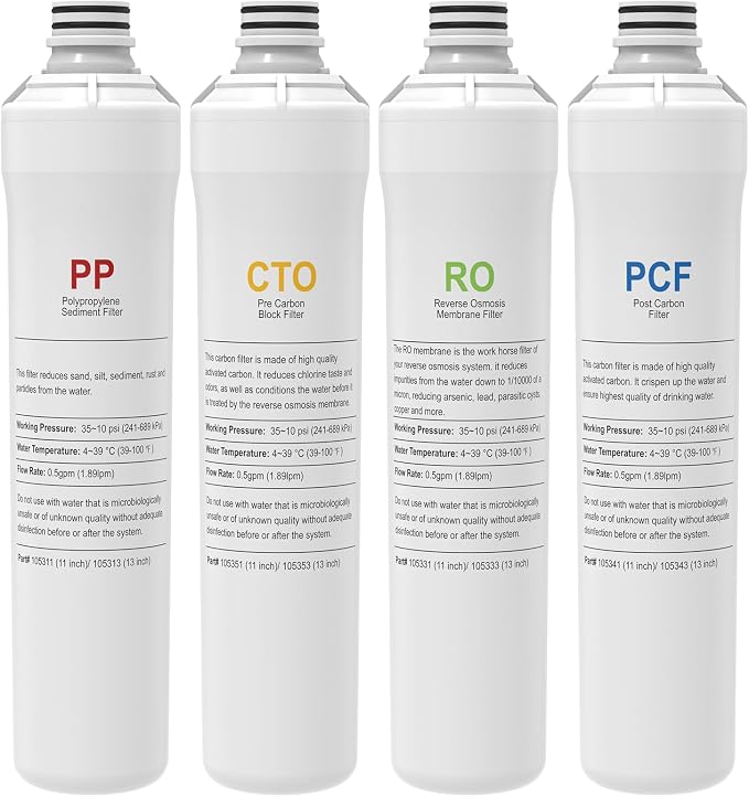 4-Pack Replacement Filters Kit Compatible with Watts Premier RO Pure Plus & Zero Pure Plus