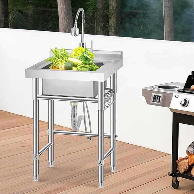 Garvee Stainless Steel Utility Sink with Faucet & Storage Shelf, 304 Single Bowl Freestanding Sink with Adjustable Legs, S-Hooks, Hot & Cold Water Pipes for Kitchen, Laundry, Garage, Farm, Outdoor Use