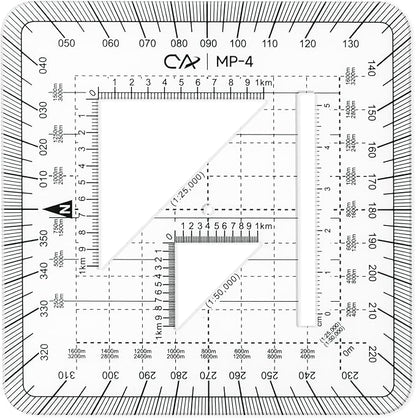 CYA MP-4 10x10cm Square Military Map Protractor - Flexible UTM Scale Tool | Flexible 10x10cm MP-4 map protractor. Features 1mm plastic, 1:25k & 1:50k scales, cutouts & rounded pocket-friendly corners.