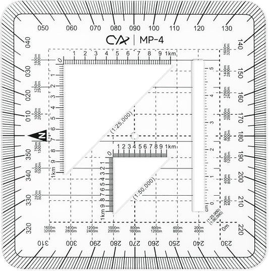 CYA MP-4 10x10cm Square Military Map Protractor - Flexible UTM Scale Tool | Flexible 10x10cm MP-4 map protractor. Features 1mm plastic, 1:25k & 1:50k scales, cutouts & rounded pocket-friendly corners.