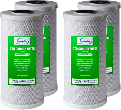 iSpring FC15BX4 4.5" x 10" Carbon Block Water Filter Replacement Cartridge, 5-Micron Universal Coconut Shell High Capacity CTO Filter for Under Sink and Whole House Water Filtration Systems, Pack of 4