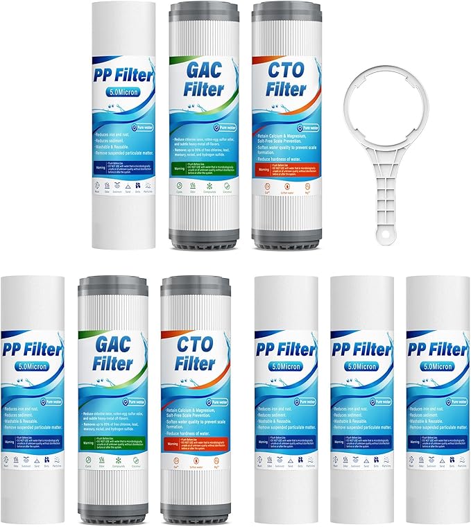 Whole House Water Filter Cartridge 9-Pack Set, Universal 2.5" x 10" Home Water Filter Replacement Cartridge, Effective Reduce Chlorine Odor, Sediment, Taste,Includes- 5PP,2GAC,2CTO, 1.5–2 Year Supply