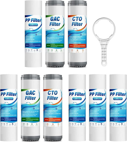 Whole House Water Filter Cartridge 9-Pack Set, Universal 2.5" x 10" Home Water Filter Replacement Cartridge, Effective Reduce Chlorine Odor, Sediment, Taste,Includes- 5PP,2GAC,2CTO, 1.5–2 Year Supply