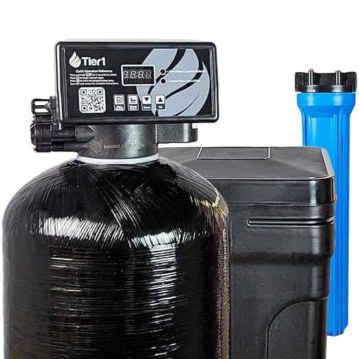 Tier1 Whole House Water Softener System 32000 Grain Capacity | Compact High Efficiency Design with Ceramic Control Valve | Preloaded 1 Cubic Foot Resin Tank | Home Filtration System for 3 to 4 Baths