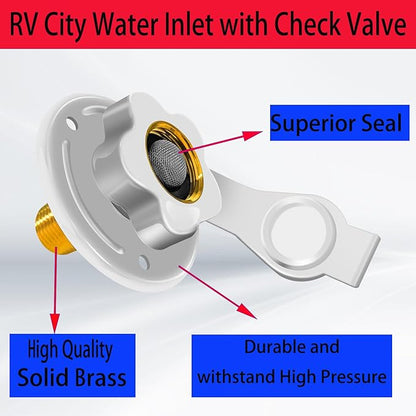 RV City Water Inlet with Check Valve, 3/4 NH Female to 1/2 NPT Male Flange RV Fresh Water Inlet, RV Water Inlet Replacement, RV Water Inlet with Dust Plug for RV Camper Motorhome, White