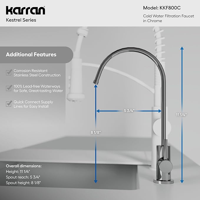 Karran Kestrel Single-Handle Filtered Water Faucet in Chrome 100% Lead-Free Brass, RO/Filtration System Ready, 360° High-Arc Spout, Spot-Free Finish Beverage Faucet (Chrome)