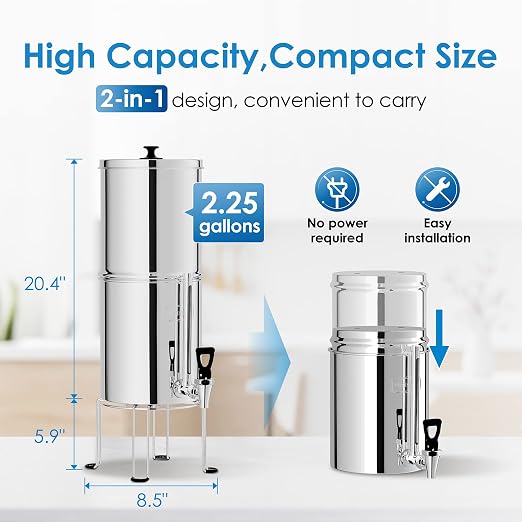 Waterdrop TK-S Gravity Water Filter System, NSF/ANSI 42&372 Standard | Reduces Chlorine and Lead, Stainless-Steel Water System with 2 Filters, Sight Glass Spigot and Stand, 2.25G