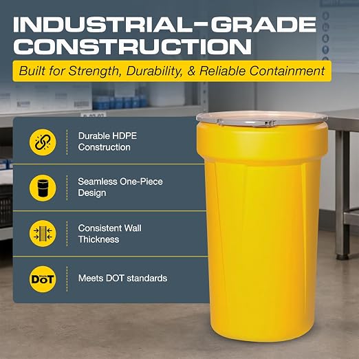 Eagle Plastic Drum, 55 Gallon Drum, DOT Compliant, Made in USA, Yellow | High-Density-Polyethylene Construction, Open Head Lab Pack Drum, Metal Lever-Lock Lid, Hazardous Material Storage, Transport