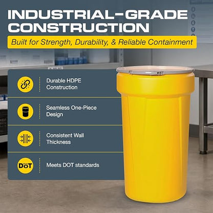 Eagle Plastic Drum, 55 Gallon Drum, DOT Compliant, Made in USA, Yellow | High-Density-Polyethylene Construction, Open Head Lab Pack Drum, Metal Lever-Lock Lid, Hazardous Material Storage, Transport