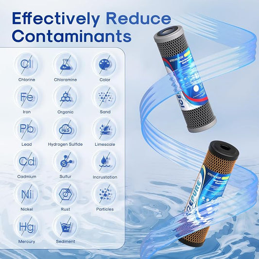 ICEPURE 2.5" x 10" Whole House Water Filter Combo Kit, KDF Filter Cartridge and Upgraded Coconut Shell Activated Carbon Lead Remove Filter Replacement for 10 Inch Water Filter System, 2 Combo