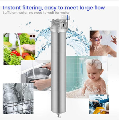 Amwater NSF/ANSI 42 Stainless Steel Whole House Water Filter Housing, 20" x 2.5" Sediment Water Filter System for Heavy Duty, Well & City Water, 3/4" NPT Port, Drain Valve Style A(Wing)