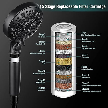 INAVAMZ Filtered Shower Head with Handheld, 9 Spray Modes 2.5GPM High Pressure Showerhead with ON OFF Pause Switch, 15 Stage Water Softener Filter for Hard Water Remove Chlorine and Harmful Substances