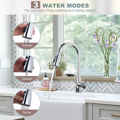 Chrome Kitchen Faucet with Sprayer, WOWOW Pull Down Kitchen Sink Faucet Stainless Steel Utility Sink Faucet with Deck Plate, Kitchen Tap for RV, Laundry, Bar