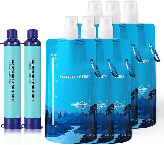 Membrane Solutions Squeezable Water Filtration System, Survival Water Purifier Kit, Portable Backpacking Gear Including Water Filter Straw and 23oz Collapsible Bottle for Hiking Camping Travel(2+6)
