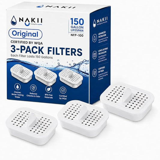 Nakii Genuine Original NFP-100 Replacement Water Filters, Official Nakii Pitcher Filter Refills, 3 Pack, WQA Certified, NSF Grade, 150-Gallon Long Life Filters, Reduces Chlorine, Mercury, Rust & More