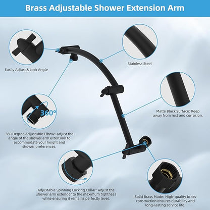 Hibbent All Metal Rain Filtered Shower Head, 10'' High Pressure Rainfall Showerhead with 16" Shower Head Extension Arm, 20 Stage Shower Filter, Solid Brass Adjustable Shower Arm Extender, Matte Black