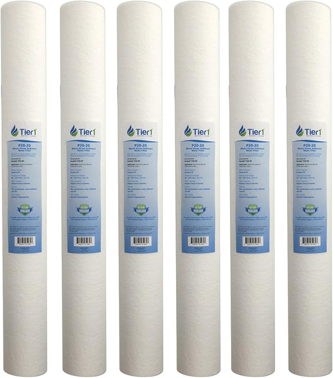 Tier1 20 Micron 20 x 2.5 Water Filter | Spun Wound Polypropylene Whole House Sediment Water Filter Cartridge | Replacement for Pentek P20-20, Purtrex PX20-20 | 2.5 x 20 Whole House Pre-Filter (6-Pack)