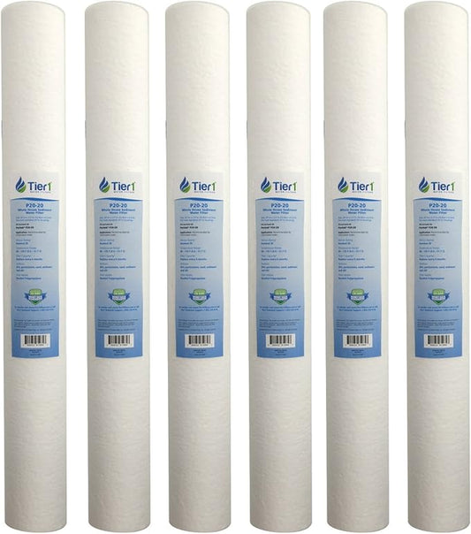 Tier1 20 Micron 20 x 2.5 Water Filter | Spun Wound Polypropylene Whole House Sediment Water Filter Cartridge | Replacement for Pentek P20-20, Purtrex PX20-20 | 2.5 x 20 Whole House Pre-Filter (6-Pack)