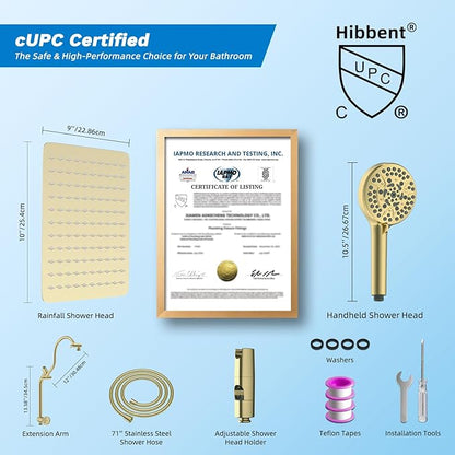 Hibbent cUPC Certified All Metal 10" Rainfall Showerhead Combo, High Pressure Shower Head with 10-Spray Handheld, Innovative 4-way Diverter with Pause Mode, 71'' Shower Hose & Holder, Burshed Gold