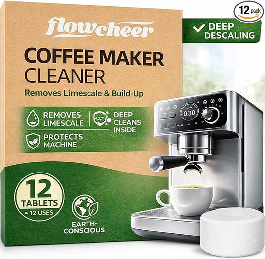 flowcheer Coffee Maker Cleaner & Descaler Tablets 12-Pack - Coffee Machine Tablets for Keurig,Nespresso,Jura, Breville, Ninja, Deep Cleaning Coffee Pot Cleaner and Descaler for All Espresso Machines