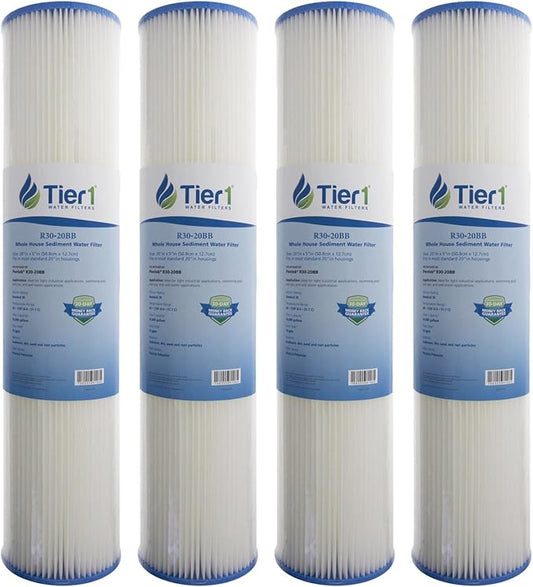 Tier1 30 Micron 20x4.5 Water Filter | Whole House Sediment Water Filter | Pleated Polyester Cartridge | Replacement for Pentek R30-20BB, 155430-43, SPC-45-2030 | High-Flow 4.5 x 20 Water Filter (4pk)