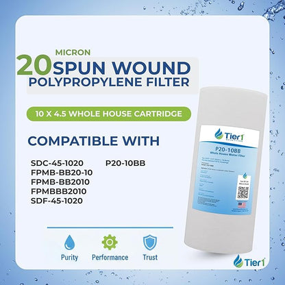Tier1 20 Micron 10 x 4.5 Water Filter | Spun Wound Polypropylene Whole House Sediment Water Filter Cartridge | Replacement for SDC-45-1020, FPMB-BB20-10, P20-10BB | 4.5 x 10 Water Filter (4-Pack)