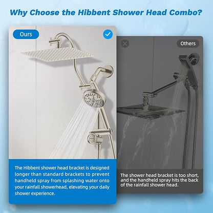 Hibbent cUPC Certified All Metal 12" Rainfall Showerhead Combo, High Pressure Shower Head with 10-Sprays Handheld, Innovative 4-way Diverter with Pause Mode, 71'' Shower Hose & Holder, Brushed Nickel