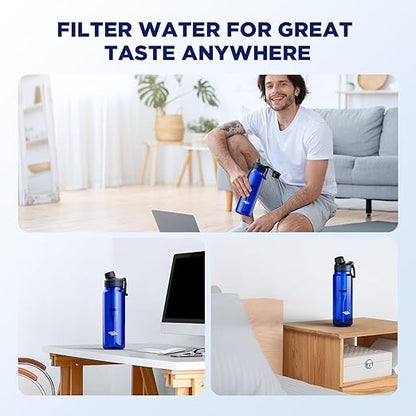 Filtered Water Bottle, Membrane Solutions C3 Water Bottle Filter with Replaceable ACFX2 Filter Cartridge, Portable Water Filter 36oz BPA-Free for Travel, Hiking & Camping Drinking use(Blue)