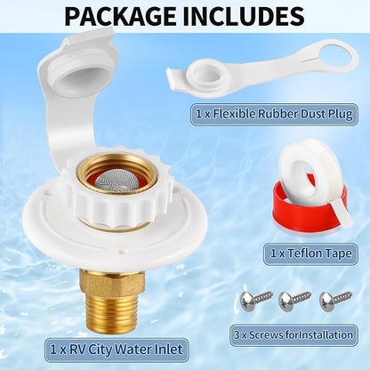 RV City Water Fill Inlet Flange Check Valve Water Hookup Connector 3/4 NH Female to 1/2 NPT Male Mount Lead-Free Brass Flush RV Water Backflow Preventer with Dust Plug for RV Camper Motorhome