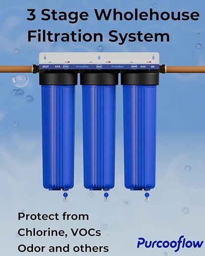 3-Stage Whole House Water Filter System, 20x4.5 Inch, Dual Carbon (GAC & CTO) for Max Chlorine & Odor Reduction, 1" NPT Brass Ports, Drain Valves & Install Kit